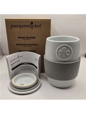 Pampered Chef Ceramic Egg Cooker in White with Gray Band
